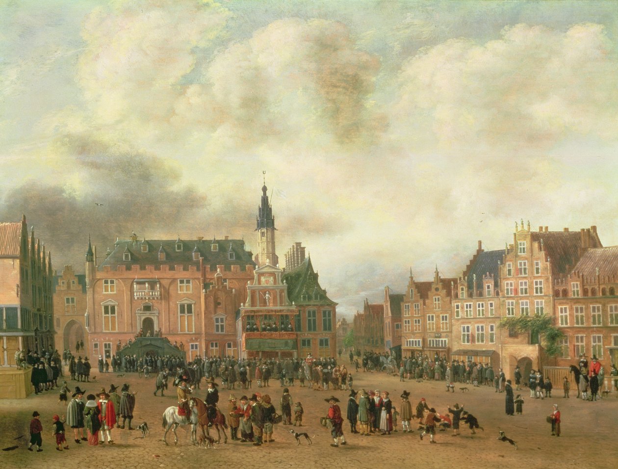 Ilmoitus Bredan rauhasta Grote Marktissa Haarlemissa, n. 1667 tekijältä Gillis Rombouts