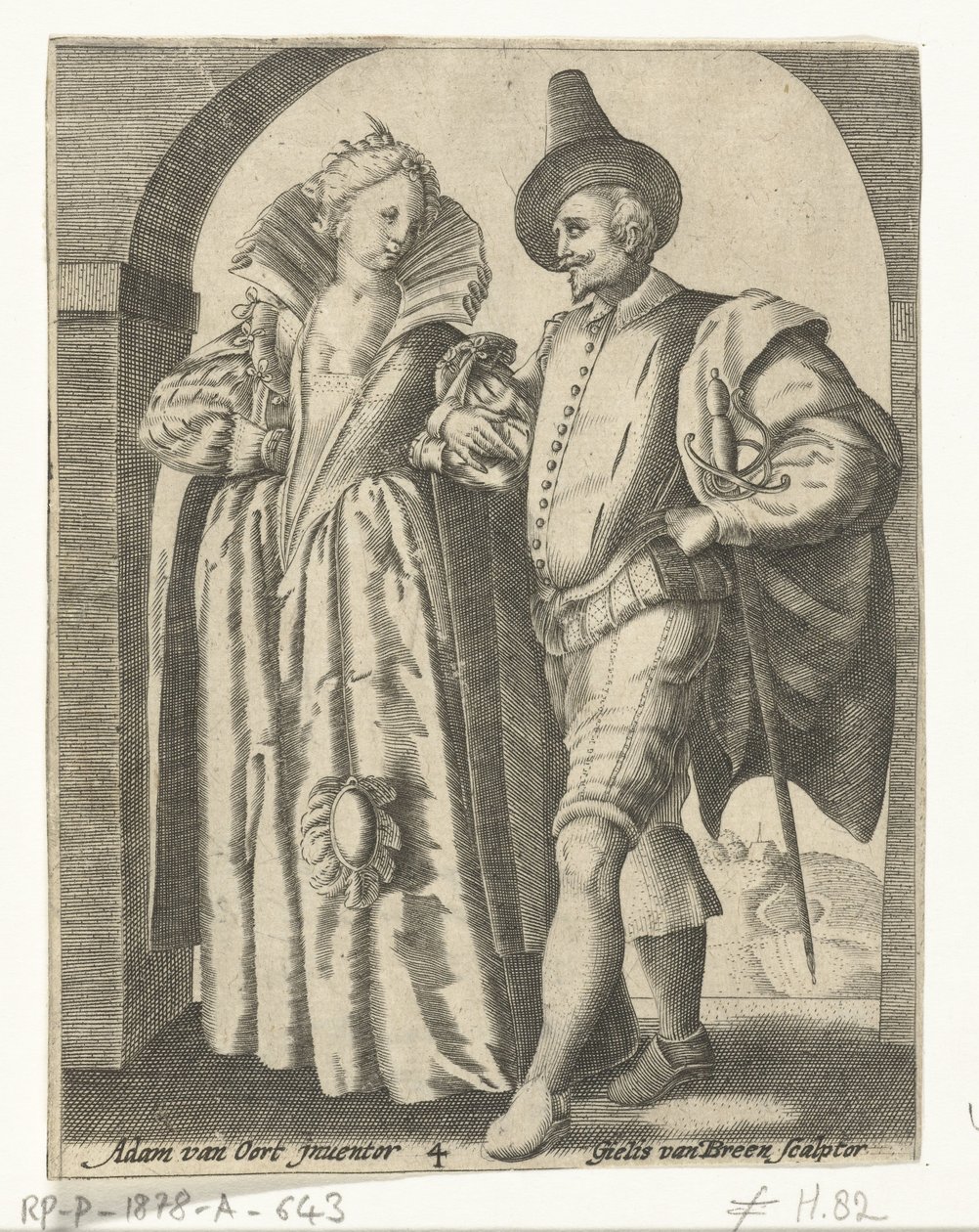 Mies ja nainen pukeutuneena vuosien 1590-1600 muodin mukaan tekijältä Gillis van Breen