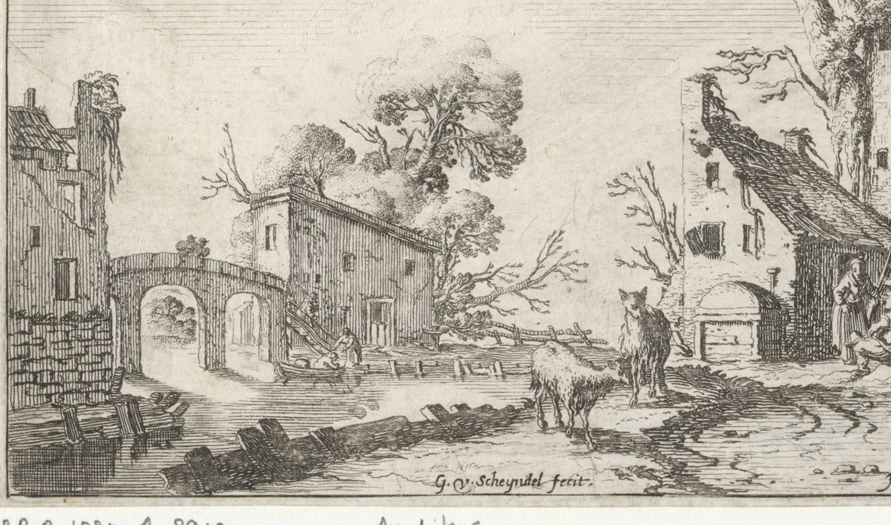 Granja i torre sobre un riu (Het Heor) Paisatges amb els cinc sentits (títol de la sèrie) acaben tekijältä Gillis van Scheyndel (I)