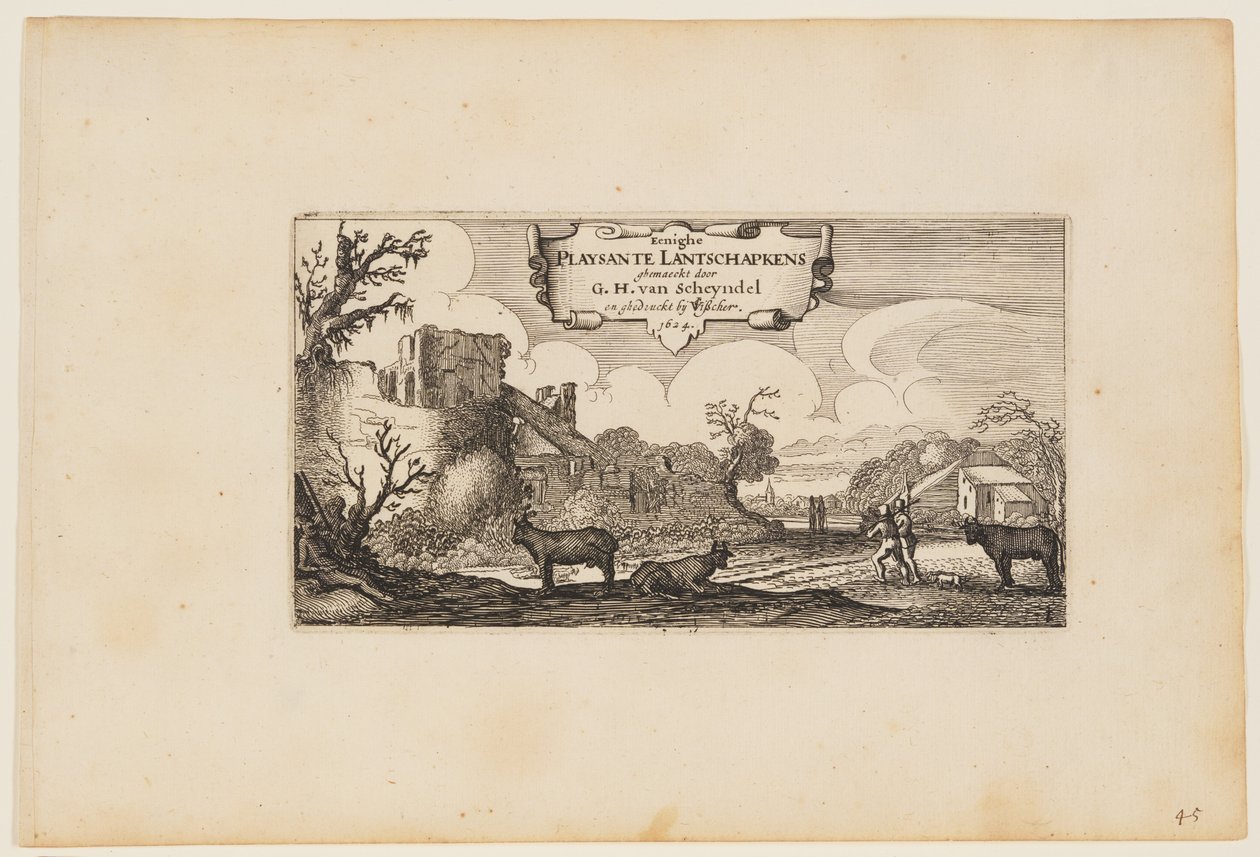 Nimiölehti, teoksesta Kaksitoista maisemaa kuvineen (Twelve landscapes with Figures) tekijältä Gillis van Scheyndel