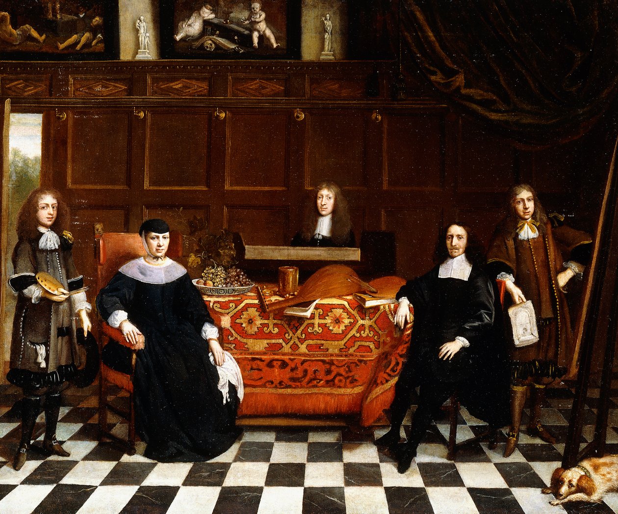 Ryhmämuotokuva perheestä, joka istuu matolla peitetyn pöydän ympärillä, n. 1665-70 tekijältä Gillis van Tilborgh