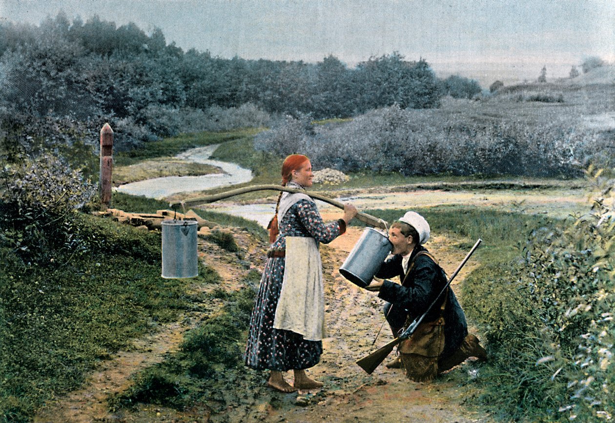 Metsästäjä ottaa drinkin nuorelta naiselta, Venäjä, c1890 tekijältä Gillot