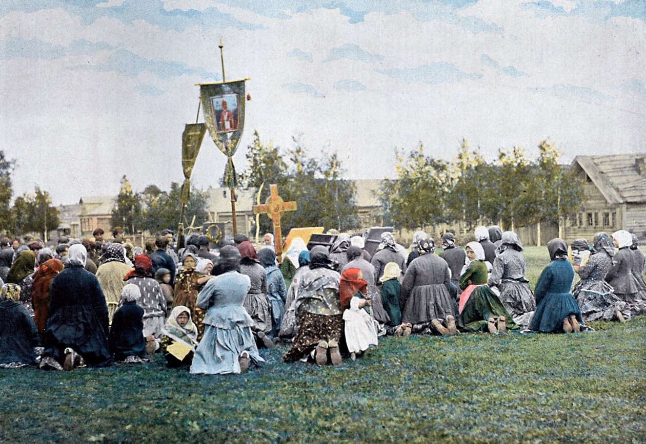 Uskonnollinen kulkue kylässä Venäjällä, 1890 tekijältä Gillot