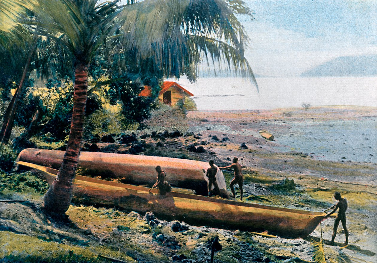 Kanoottien rakentaminen, Andamaanien ja Nikobaarien saaret, Intian valtameri, c1890 tekijältä Gillot