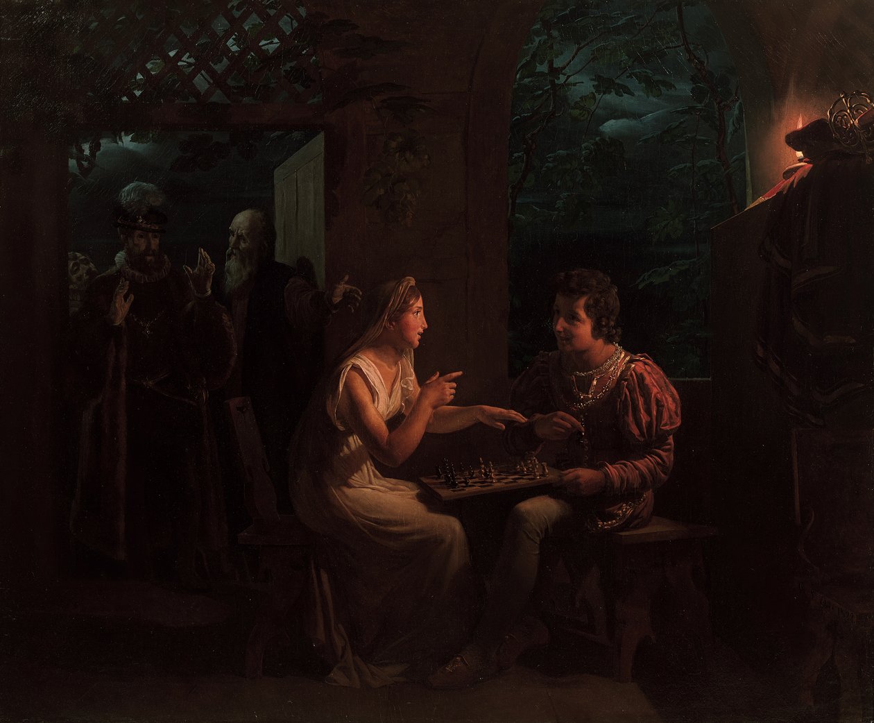 Ferdinand ja Miranda pelaamassa shakkia, 1822. tekijältä Gillot Saint Evre