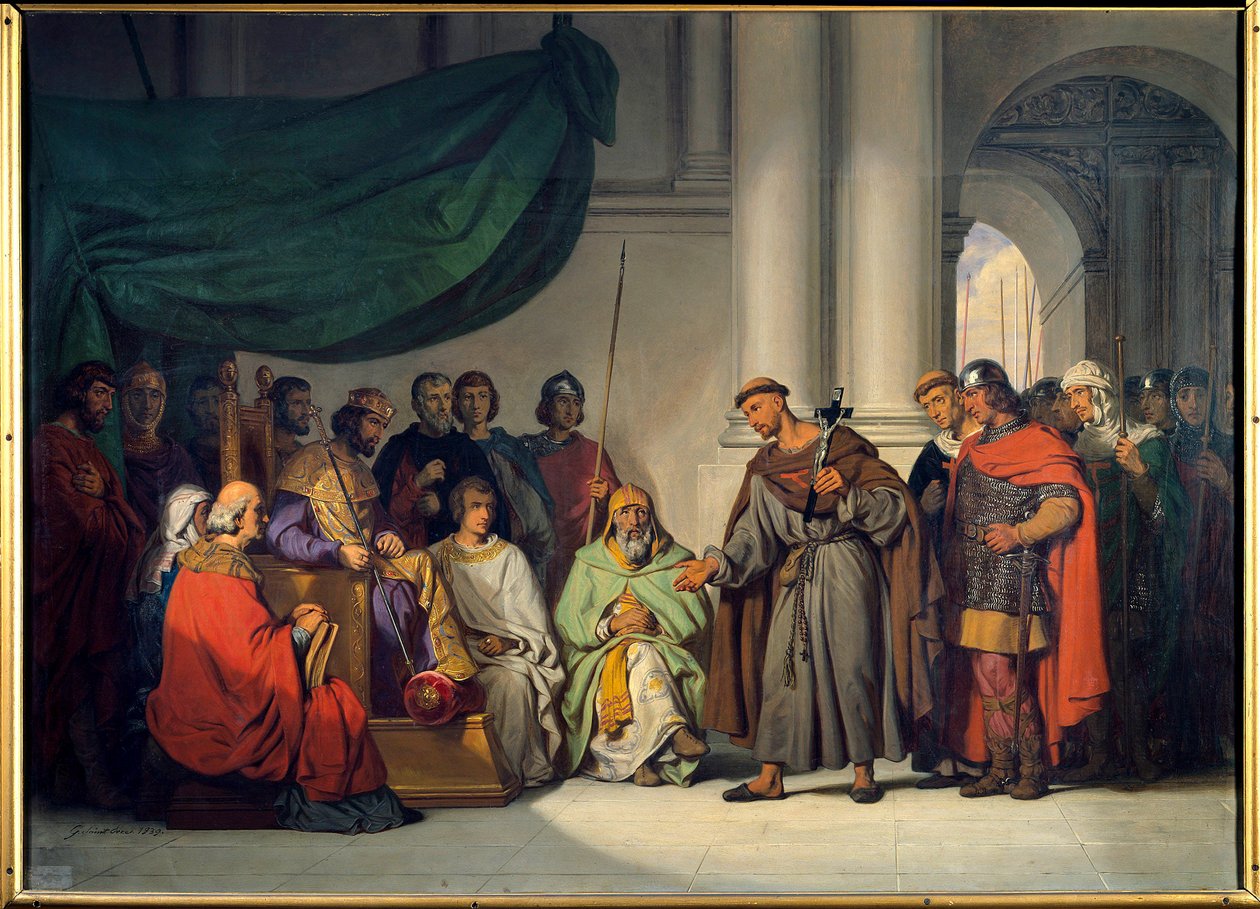Ensimmäinen ristiretki: "" Itäinen keisari Alexis Comnene (1048-1118) vastaanottaa Pietari Erakon, joka tuli kehottamaan häntä ristiretkeen Konstantinopolissa elokuussa 1096"" Gillot Saint Evren (1791-1858) maalaus 1839 su. 0,98 x 1,36 m Versailles. Chatea tekijältä Gillot Saint Evre