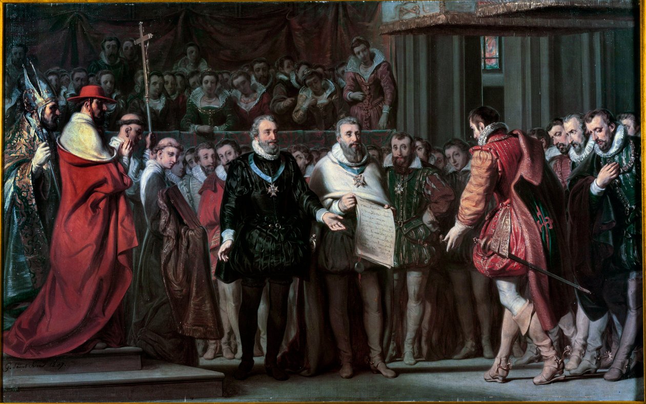 Espanjalainen Philip II tunnustaa Henrik IV:n Ranskan kuninkaaksi Gillot Saint Evren (1791-1858) maalaus 1837 su. 0,17x0,71 m tekijältä Gillot Saint Evre