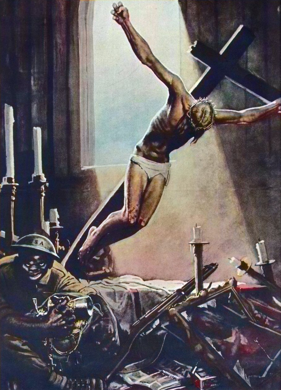 Anti-amerikkalainen toisen maailmansodan juliste - Black American Pillaging Church - Gino Boccasilen (1901-1952) juliste - Italialainen propaganda Anti USA 1943 - Gino Boccasilen (1901-1952) juliste tekijältä Gino Boccasile