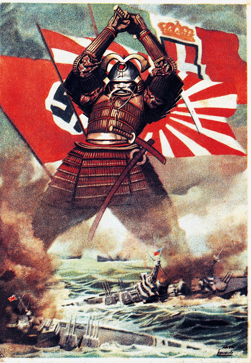 Japanilainen samurai uppoamassa amerikkalaisen laivaston Pearl Harborissa (7. joulukuuta 1941), Gino Boccasilen (1901-1952) juliste, Toinen maailmansota, Italia, 1900-luku tekijältä Gino Boccasile