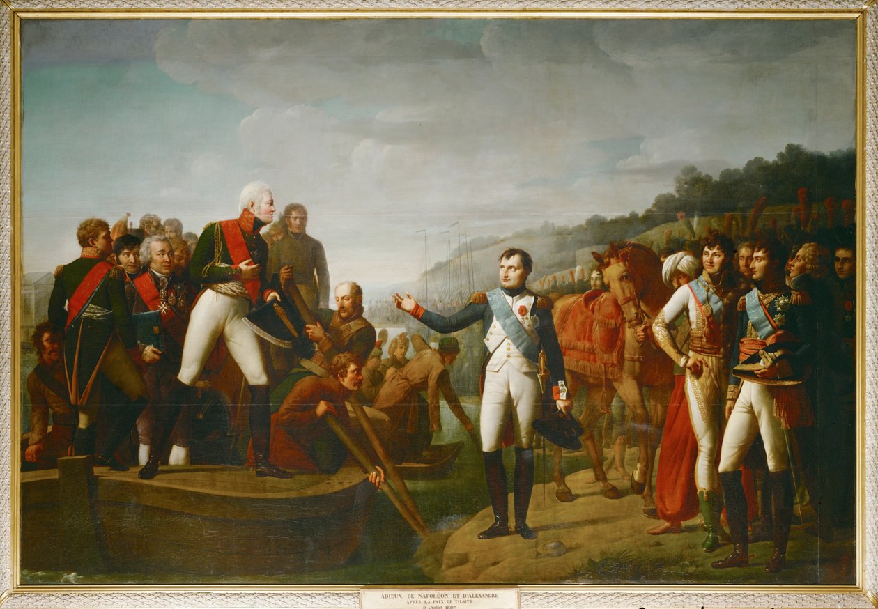 Napoleon I:n ja tsaari Aleksanteri I:n jäähyväiset Tilsitissä vuonna 1807 ... tekijältä Gioacchino Giuseppe Serangeli