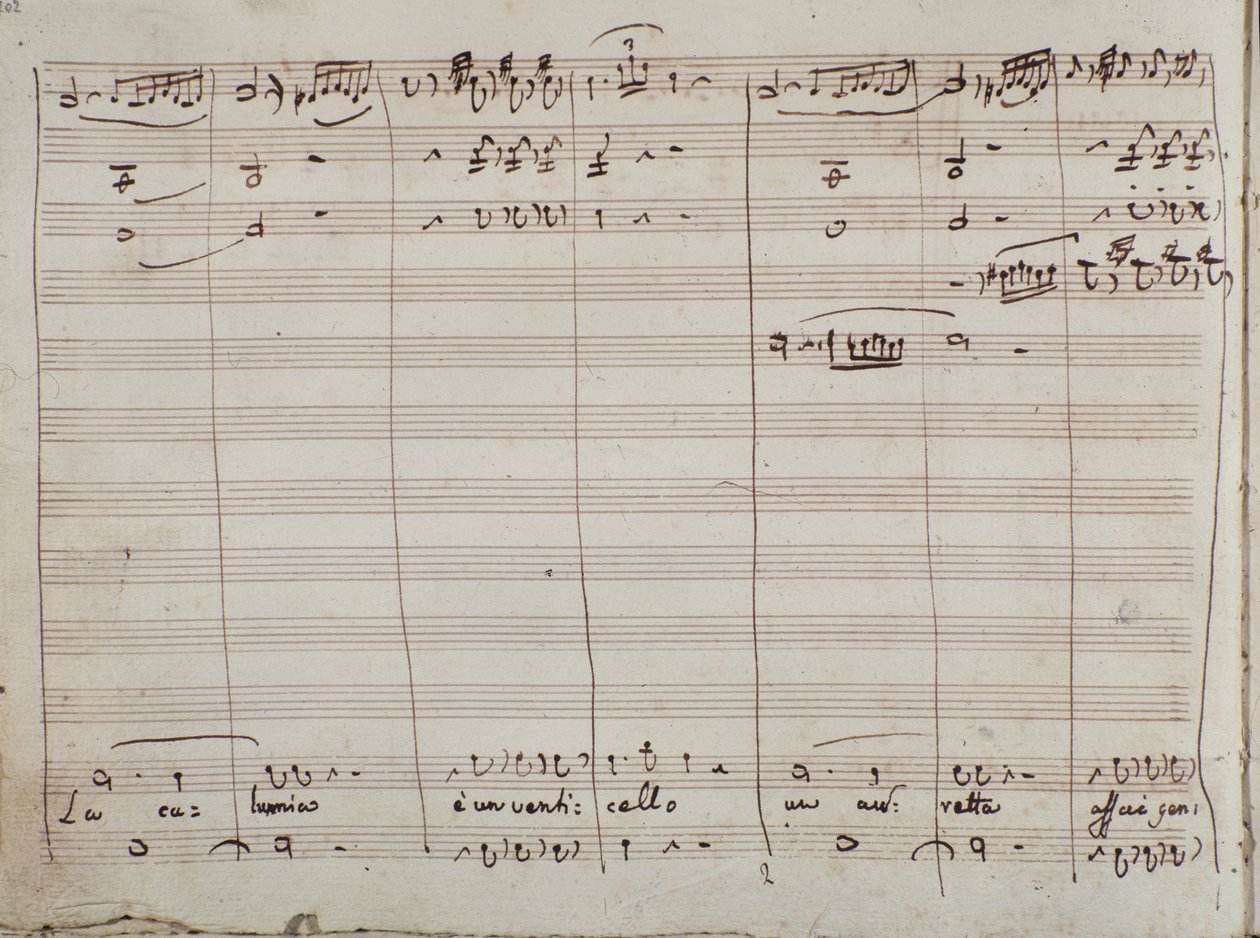 Musiikkikappale La calunnia e un venticello -ariaan Sevillan parturi (muste paperille) tekijältä Gioachino Rossini