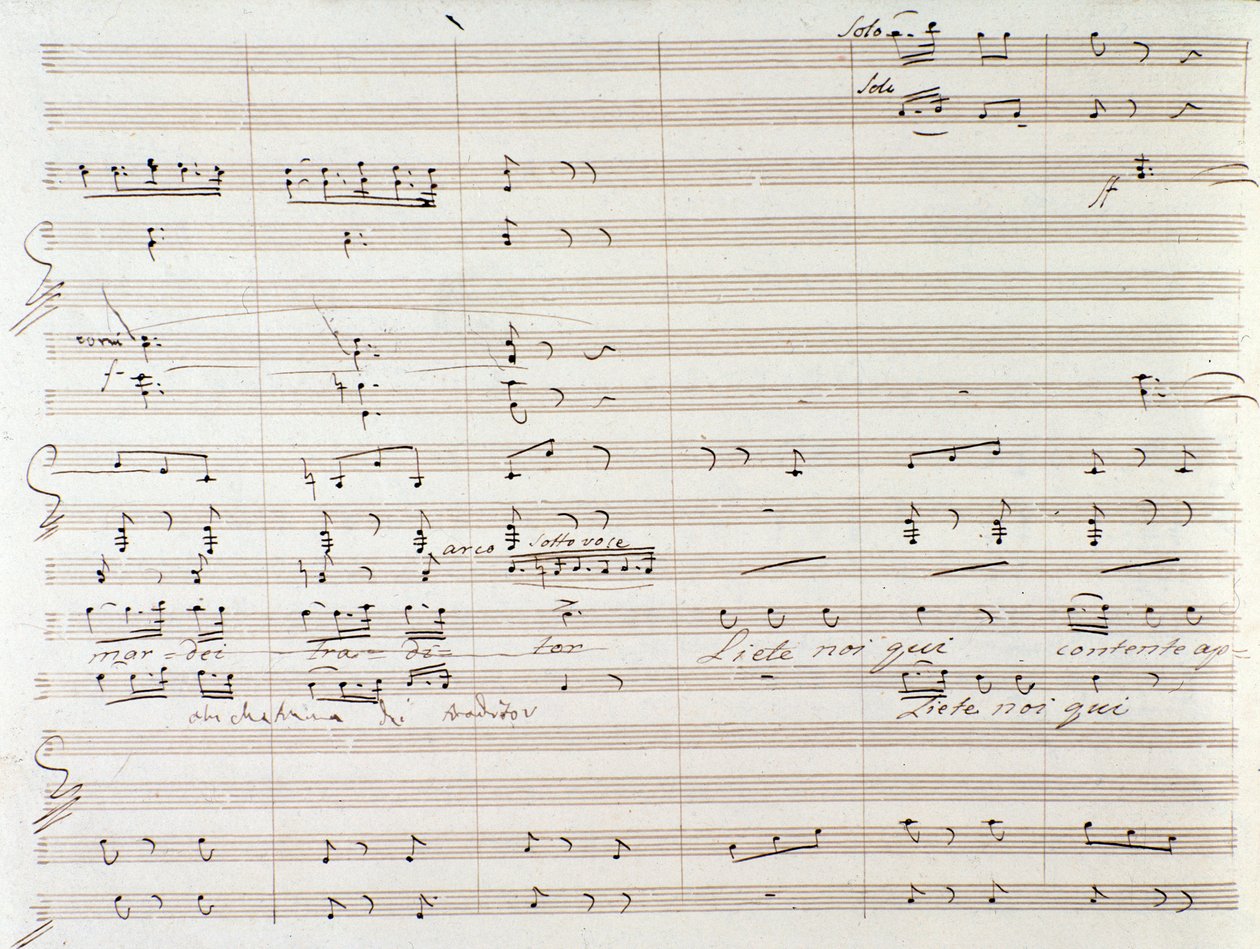 Sivu Le Comte Oryn musiikkikappaleesta Gioacchino Rossinin käsinkirjoitetuilla korjauksilla tekijältä Gioachino Rossini