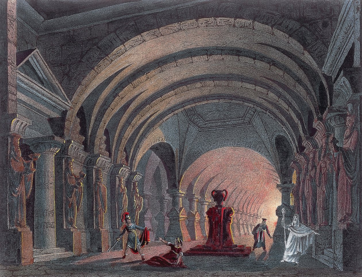 Skenografia Gioacchino Rossinin (1792-1868) Semiramidin IV näytökseen, kaiverrus tekijältä Gioachino Rossini