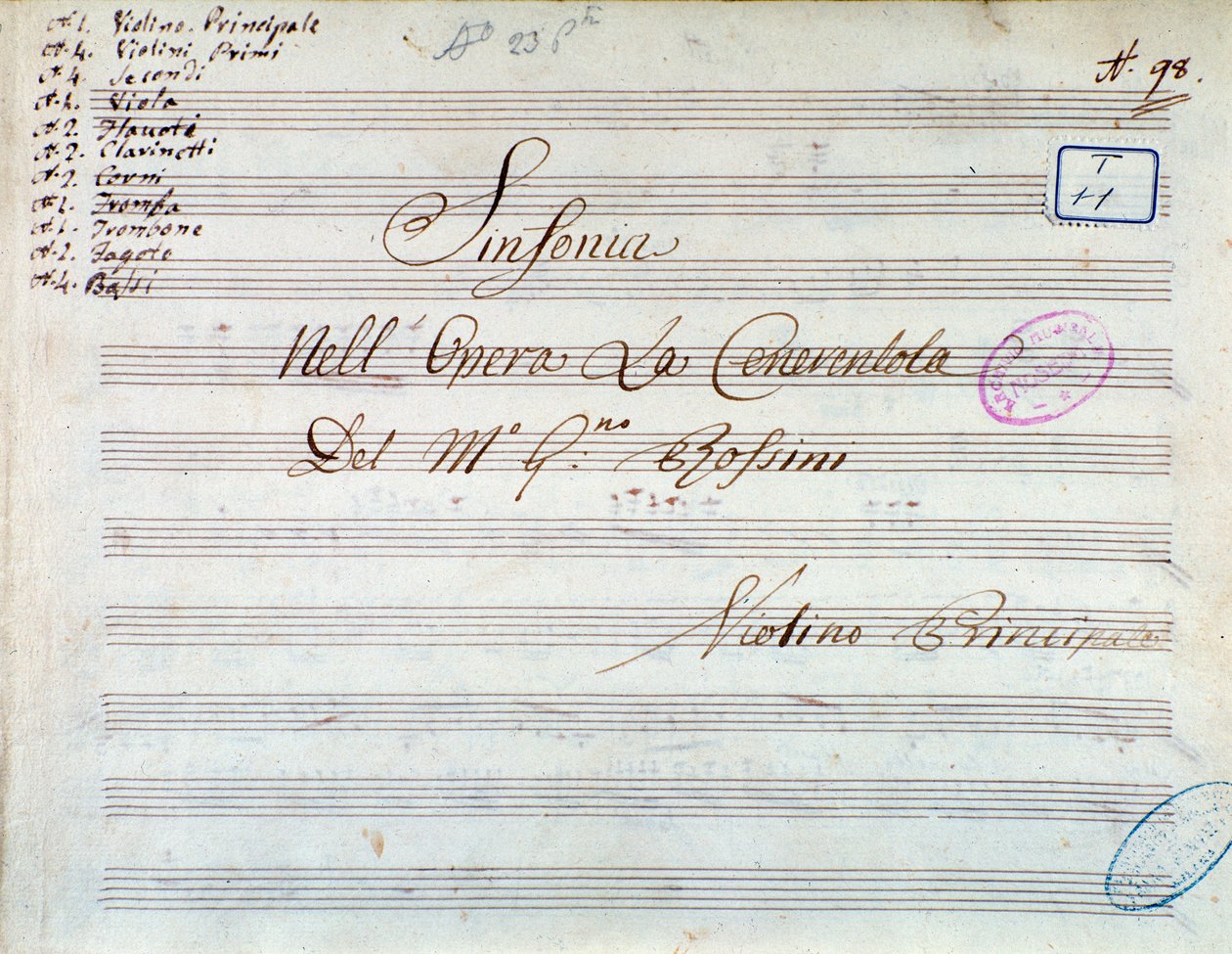Gioachino Rossinin Cinderella tai Goodness Triumphant -sinfonian viulun partituurin nimisivu tekijältä Gioachino Rossini