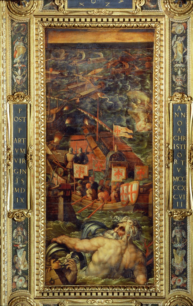 Firenzen ja Pisan välinen meritaistelu Salone dei Cinquecenton katosta, 1565 (paneeli). tekijältä Giorgio Vasari