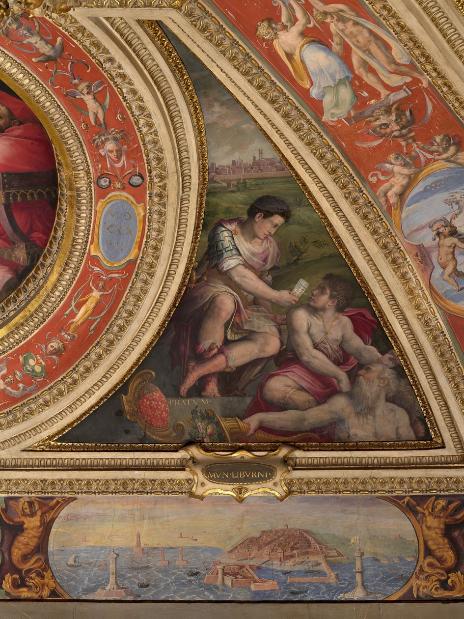 Allegoria Pratosta; alareunassa näkymä Livornoon. tekijältä Giorgio Vasari