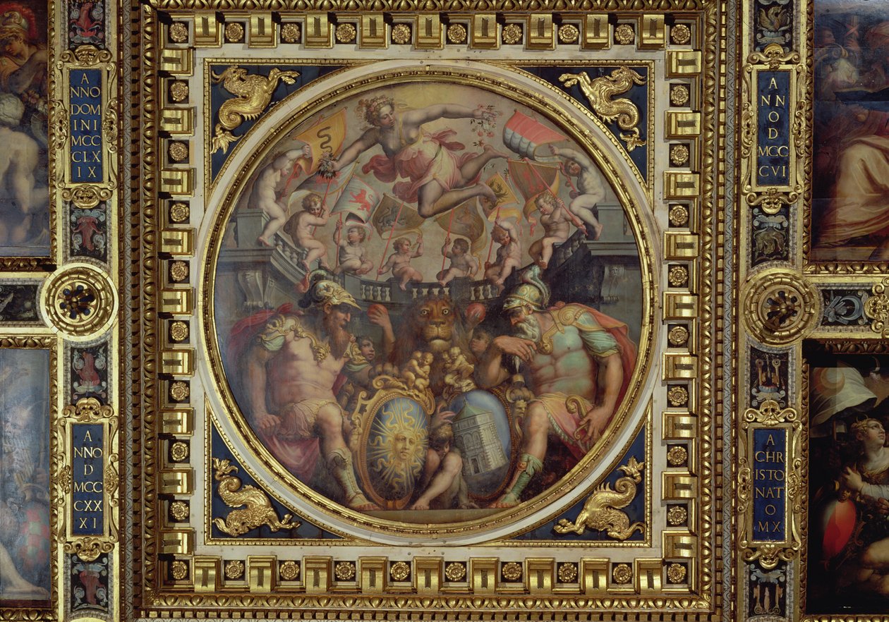 San Giovannin ja Santa Maria Novellan alueiden allegoria Sala dei Cinquecenton katosta, 1565 (paneeli) tekijältä Giorgio Vasari