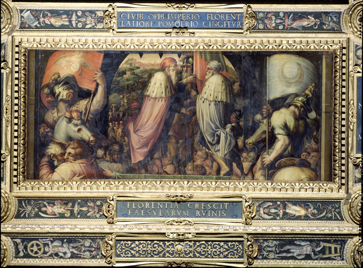 Firenzen ja Fiesolen liitto Salone dei Cinquecenton katosta, 1565 (paneeli) tekijältä Giorgio Vasari