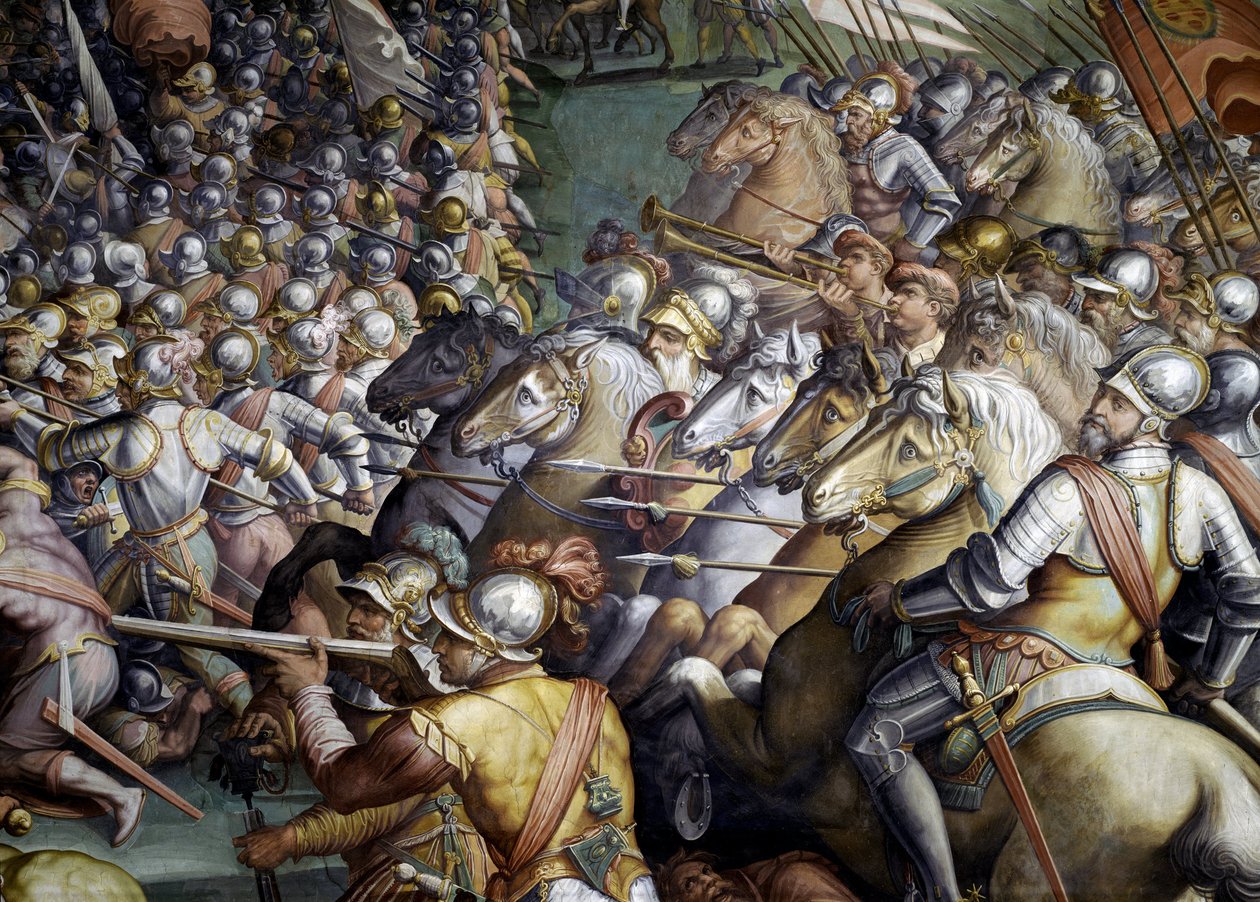 Scannagallon taistelu Valdichianassa (Val di Chiana). Yksityiskohta. Giorgio Vasarin ja hänen studionsa (1511-1574) fresko. Palazzo Vecchio (Salone dei Cinquecento). tekijältä Giorgio (and workshop) Vasari