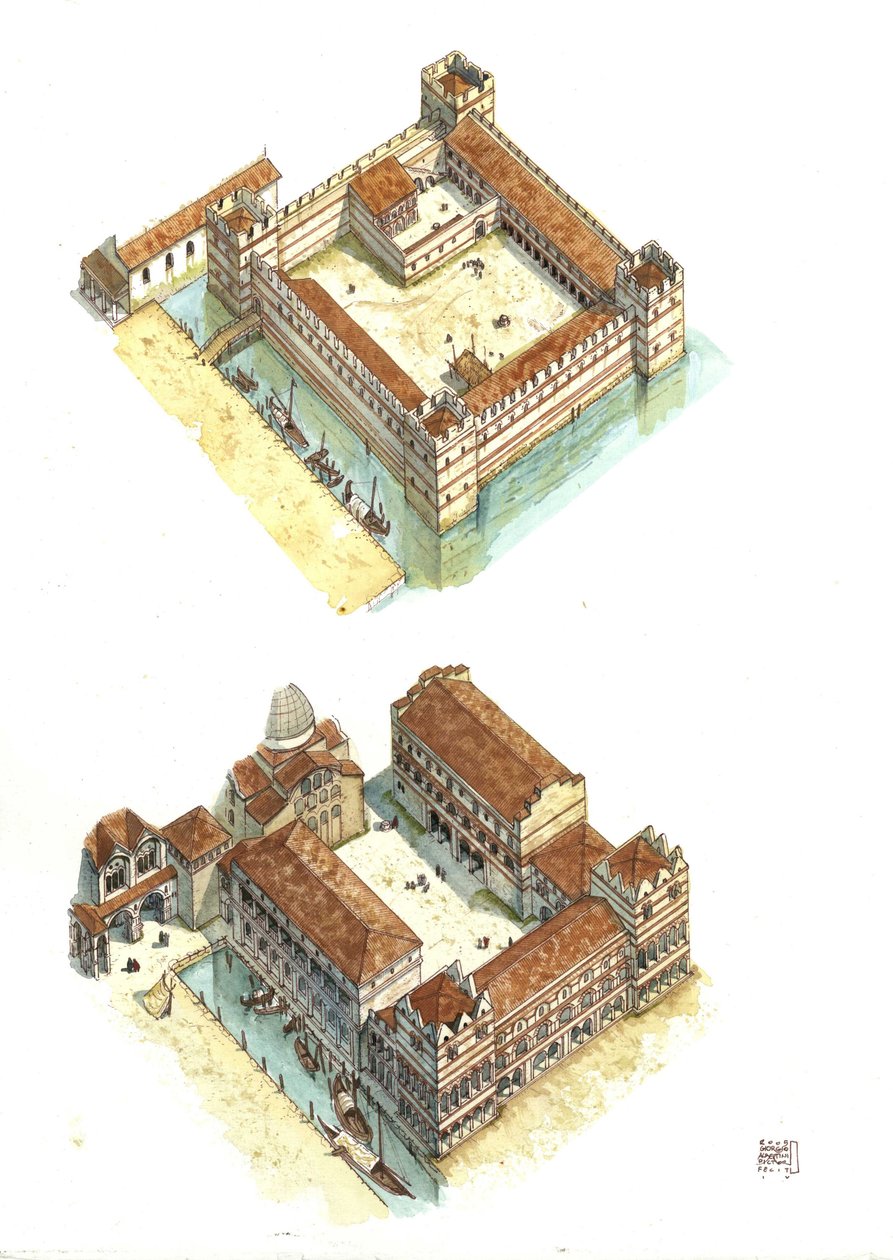 Ilmakuva Venetsian Pyhän Markuksen aukiolla sijaitsevan Dogen palatsin (tai Herttuan palatsin tai Palazzo Ducalen) rakennusvaiheista 7. ja 12. vuosisadalla. Italia tekijältä Giorgio Albertini