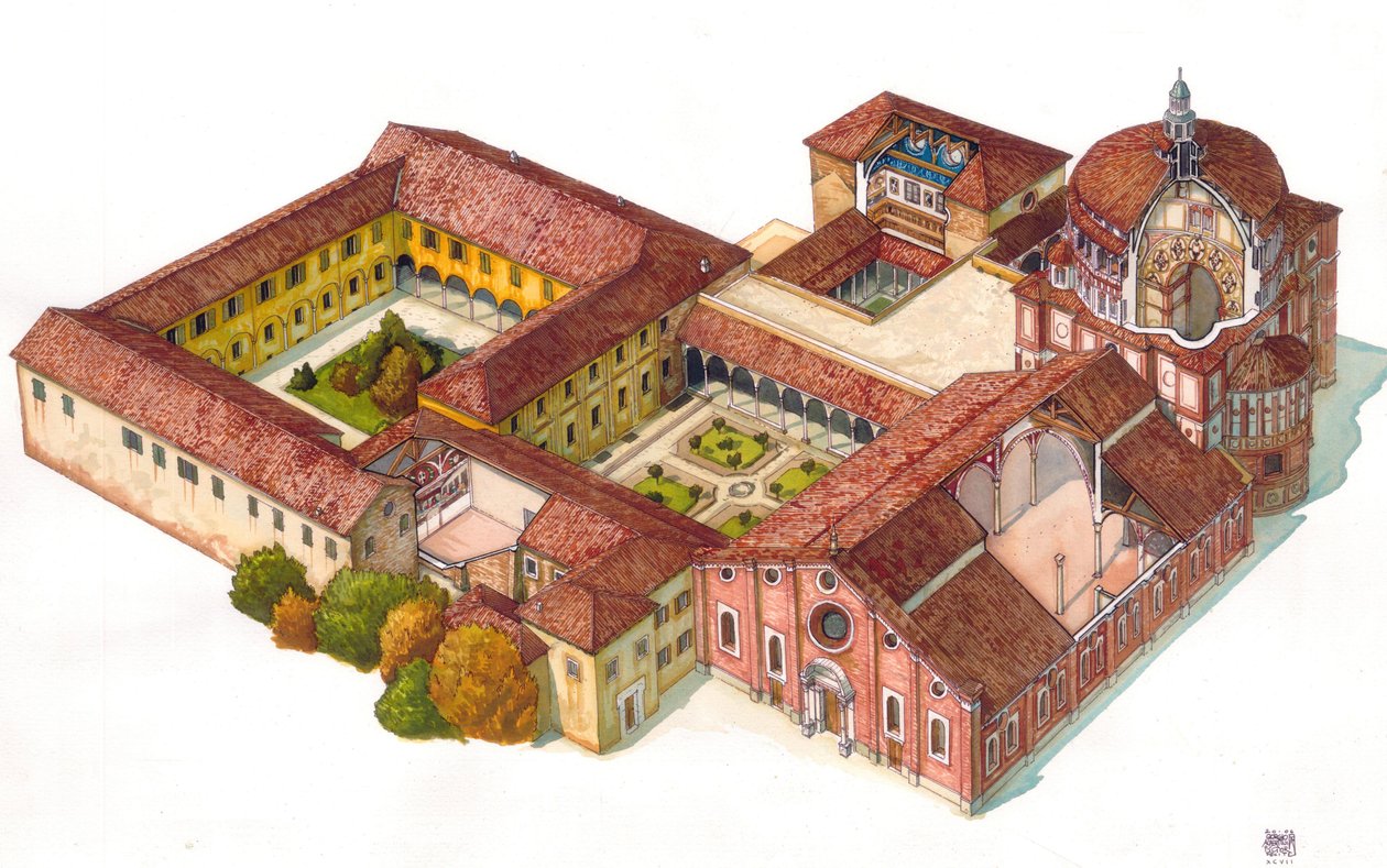Ilmakuva Santa Maria delle Grazie -kirkosta, jonka dominikaanit perustivat vuonna 1463 Milanossa, Italiassa. Refektoriossa on näkyvissä Leonard de Vincin cene (Cenacolo). tekijältä Giorgio Albertini