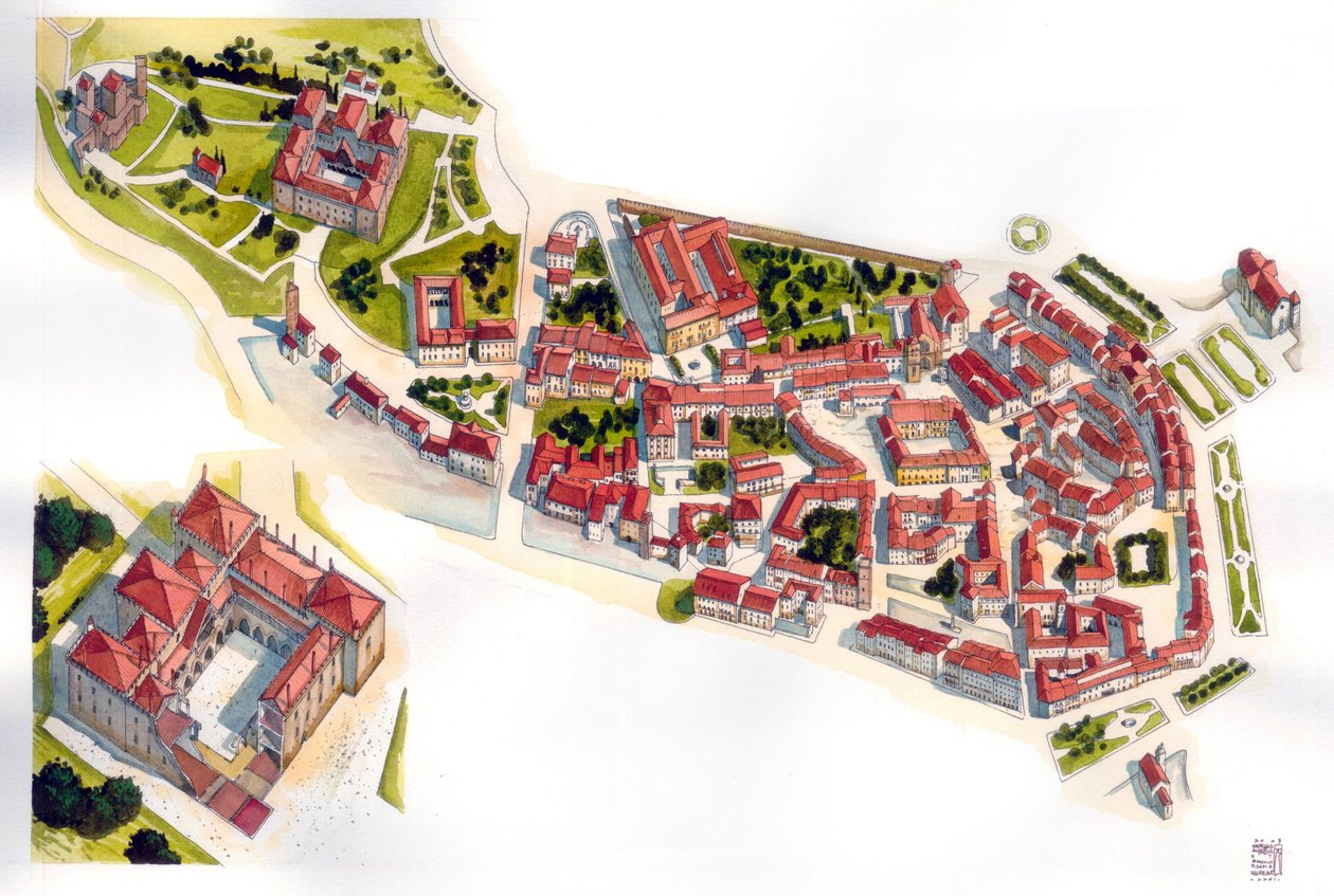 Näkymä Guimaraesin kaupungista: vasemmalla 1100-luvulla rakennettu linna ja luostari. Portugali. Kuvitus: Giorgio Albertini. (Tämän tekijän teosten käyttö ei edellytä kolmannen osapuolen lupahakemusta tai t tekijältä Giorgio Albertini