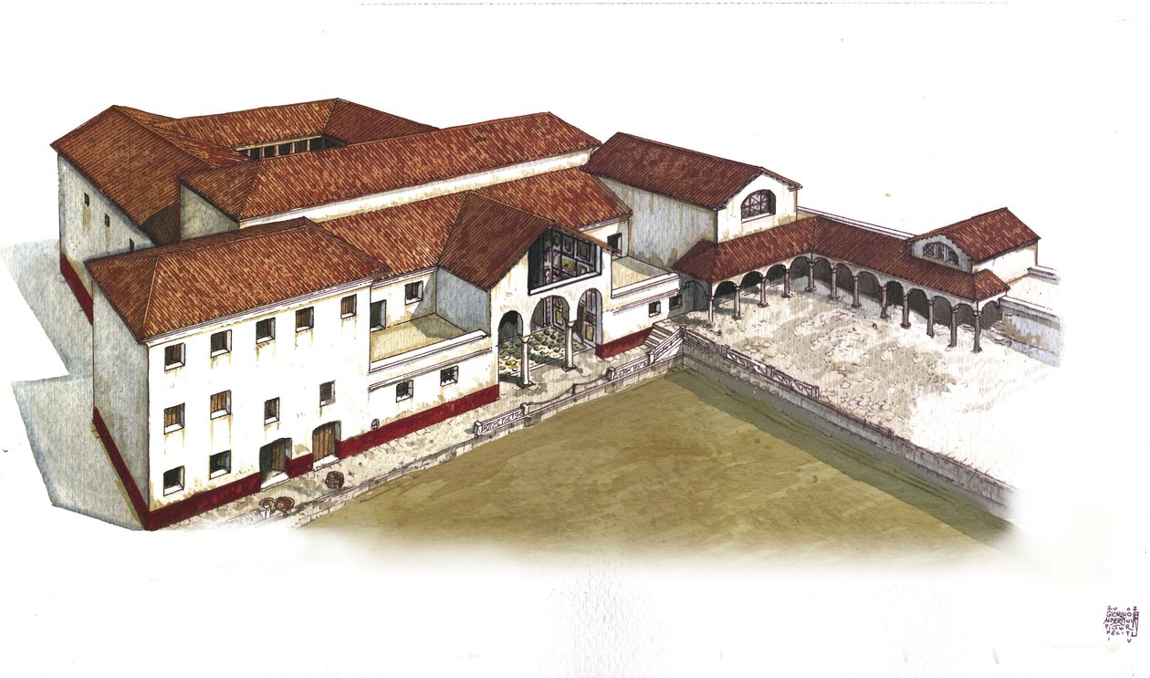 Antiikin Rooma: Leijonien huvilan (Casa ou domus dei Leoni) jälleenrakennus Ostia Anticassa (Ostia), 3. vuosisata eKr. Italia Kuvitus: Giorgio Albertini. (Tämän tekijän teosten käyttö ei edellytä lupahakemusta kolmannelta osapuolelta). tekijältä Giorgio Albertini