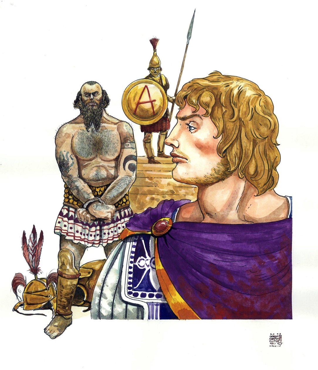 Antiikki: Makedonian kuningas Aleksanteri Suuri (356-323 eaa.), hänen takanaan fenikialaiset merirosvot (karthagolaiset), joiden laivastot hän tuhosi noin 332 eaa. tekijältä Giorgio Albertini
