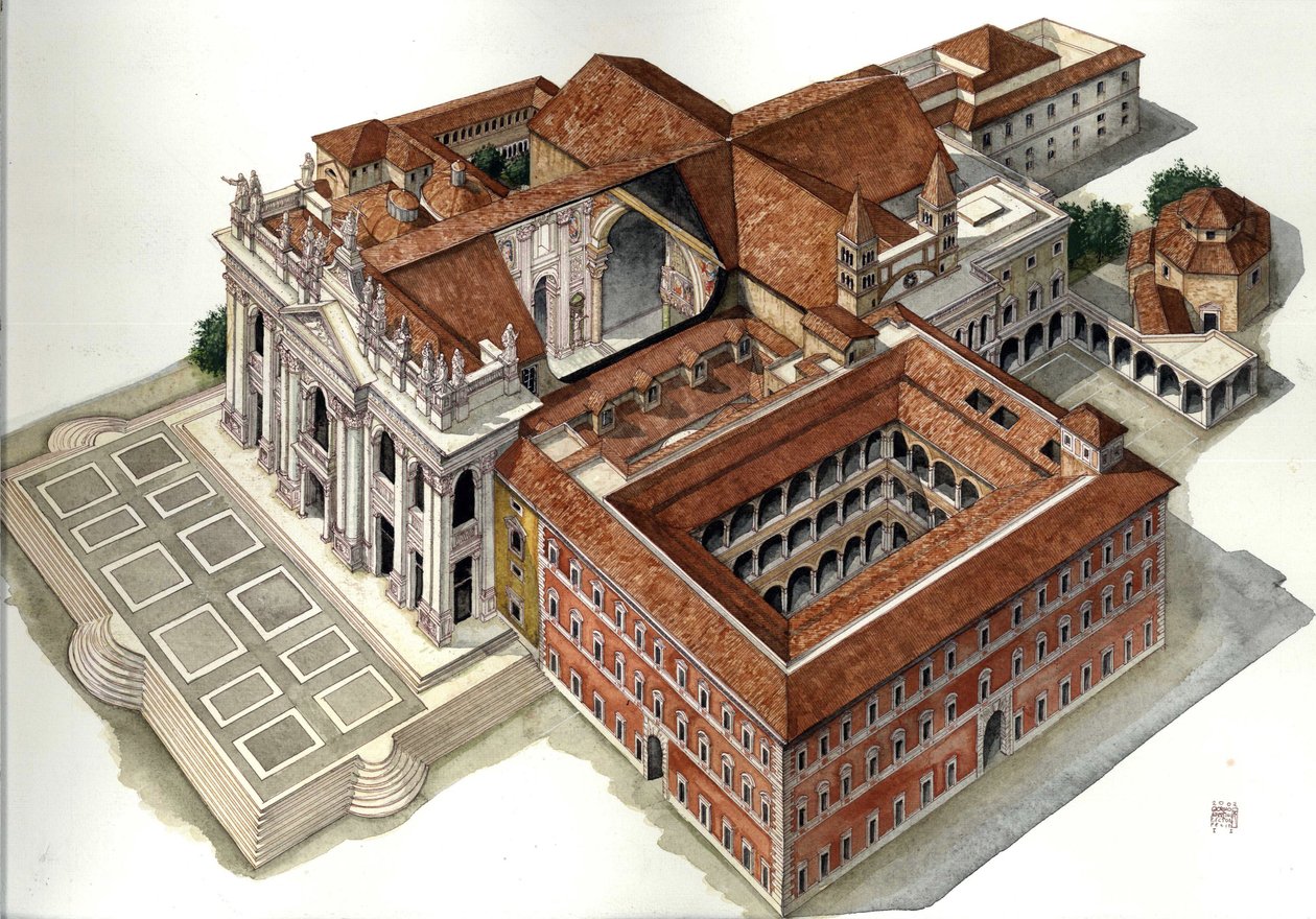Barokkiarkkitehtuuri: Pyhän Johanneksen Lateraanin basilikan (Saint John Laterano tai San Giovanni in Laterano) rekonstruktio (17.-18. vuosisata) Rooma Kuvitus: Giorgio Albertini. (Tekijän teosten käyttö ei edellytä lupahakemusta.) tekijältä Giorgio Albertini
