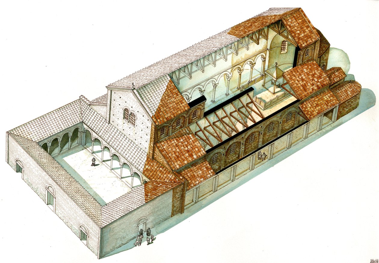 Bysanttilainen taide: Ravennan (Ravenna) keisari Justinianus I:n (482-565) perustaman Cabiancan basilikan rekonstruktio. Italia tekijältä Giorgio Albertini
