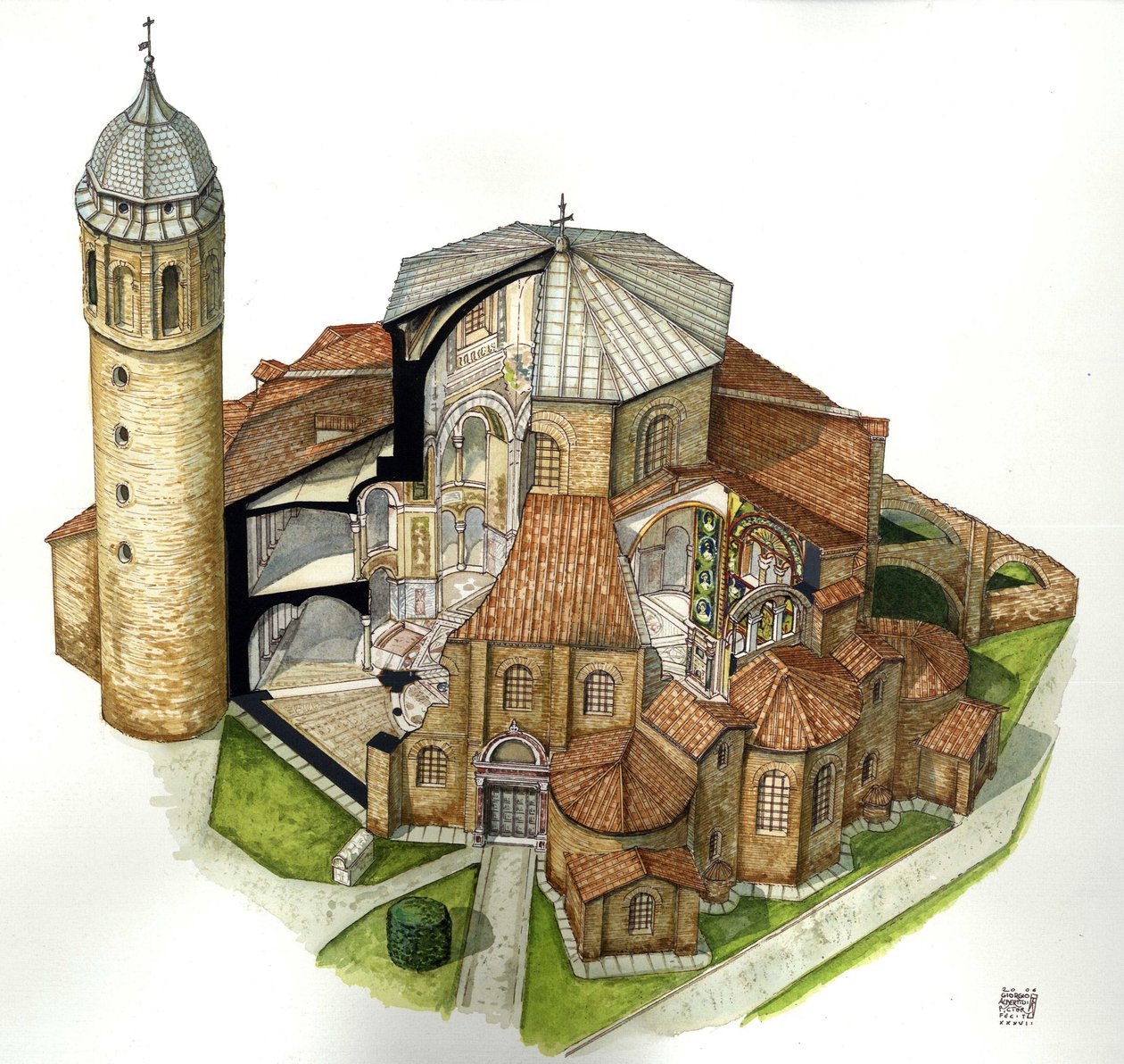 Bysanttilainen taide: Ravennassa (Ravenna) sijaitsevan Pyhän Vitalin (Saint Vital tai San Vitale) basilikan esitys 5. vuosisadalla. Ilmakuva, jossa on leikkauksia sisätilojen näkemiseen. Italia Giorgio Albertinin kuvitus. (Tekijän teosten käyttö ei ole sal tekijältä Giorgio Albertini