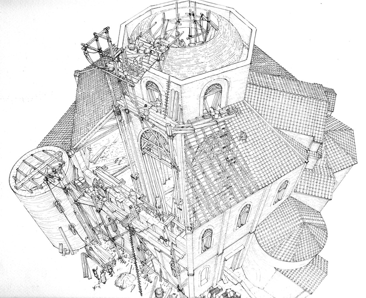 Bysanttilainen taide: Ravennassa sijaitsevan Pyhän Vitalin (Saint Vital tai San Vitale) basilikan rakennustyömaan kuva 5. vuosisadalta. Aerialainen näkymä, jossa telineillä työskentelevät työntekijät työskentelevät kupolin rungon parissa. Italia Kuvitus Gi tekijältä Giorgio Albertini