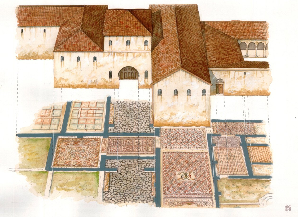 Bysanttilainen taide: näkymä kivimattojen (dei tappeti di pietra) Domus-kohteesta Ravennassa (Ravenna) 6. vuosisadalla, joka koostuu Bysantin palatsin mosaiikista. tekijältä Giorgio Albertini