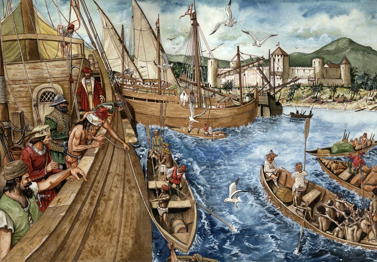 Afrikan Kultarannikon (Ghana) kolonisointi: Portugalilaiset lähtivät liikkeelle Guinean rannikolle 21.1.1482 ja rakensivat Sao Jorge de Minan (Elmina) linnoituksen vahvistaakseen kulta- ja orjakauppaa. Portugalilaiset karavellit edustettuina Afrikan rannik tekijältä Giorgio Albertini