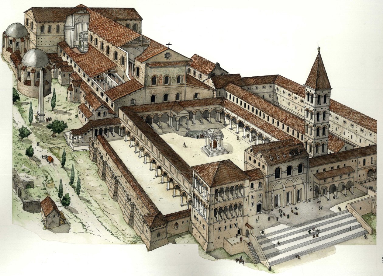 Keskiaika: Pietarin basilika Roomassa (San Pietron tai Konstantinuksen basilika) n. 1300, Rooma Italia. tekijältä Giorgio Albertini