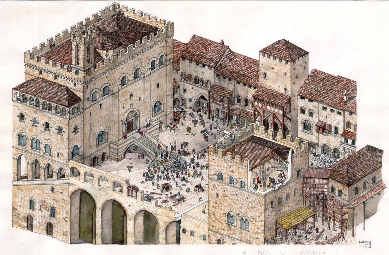 Keskiaika: ilmakuva Gubbion kaupungin keskusaukiolta (Umbria) Italiassa 1300-luvulla. Konsulien palatsi näkyy vasemmalla. tekijältä Giorgio Albertini