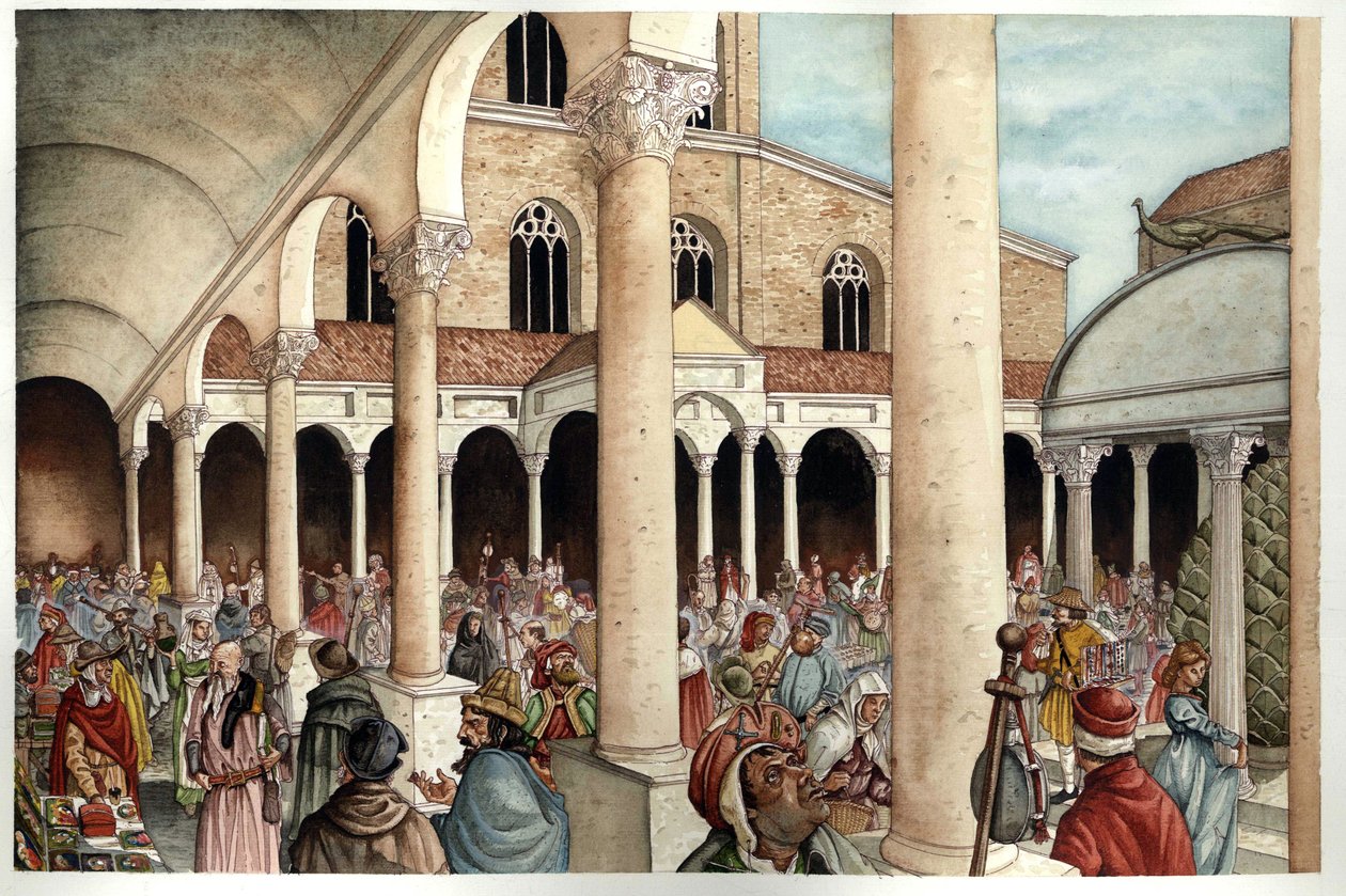 Keskiaika: fideles, pelerins, kauppiaat ja roomalaiset edustettuina 1200-luvulla Rooman Rooman Rooman Pietarin basilikan (Pyhän Pietarin tai San Pietron tai Konstantinuksen basilikan) peristyylissä (sisäänkäynti), joka on peräisin Rooman valtakunnan ajalta tekijältä Giorgio Albertini