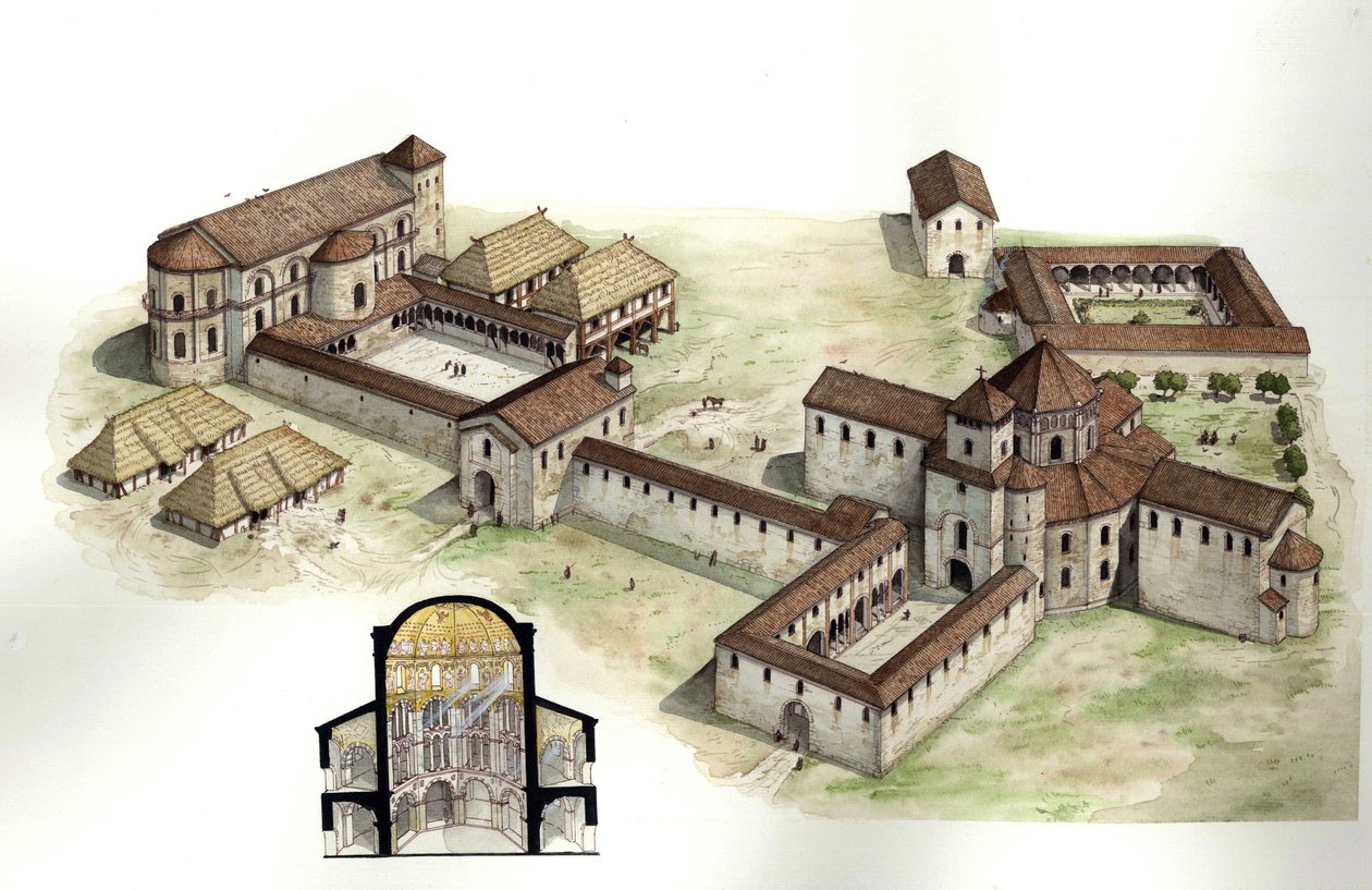 Keskiaika: yleiskatsaus ja poikkileikkaus Kaarle Suuren (n. 742-814) palatsista, jonka arkkitehti Eudes de Metz toteutti noin vuonna 794 Aachenissa (Aachen) Saksassa. Kuvitus: Giorgio Albertini. (Tekijän teosten käyttö ei ole sallittua.) tekijältä Giorgio Albertini
