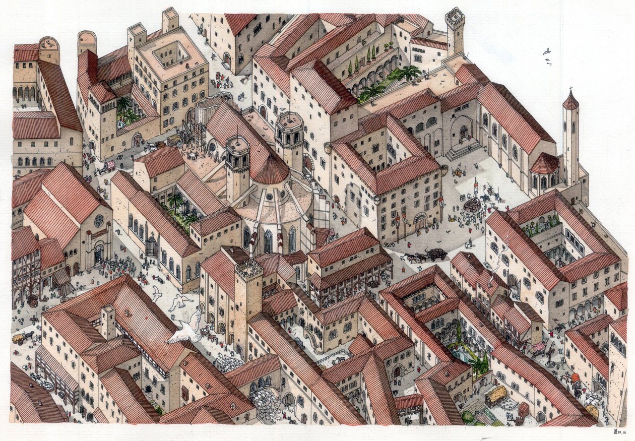 Keskiaika: Barcelonan historiallisen Barri Goticin (barrio gotico) kaupunginosan jälleenrakentaminen 1300-luvulla. Cathedrale Sainte-Eulalie (Pyhä Eulalie) on näkyvissä. Espanja Kuvitus: Giorgio Albertini. (Tämän tekijän teosten käyttö ei ole sallittua.) tekijältä Giorgio Albertini