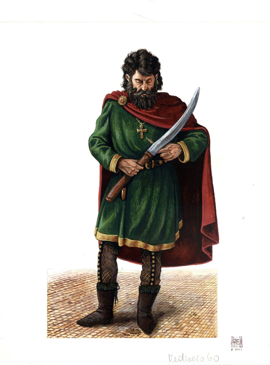 Keskiajalla: Varangian guardin (tai varegue guard) sotilas, Bysantin armeijan eliittijoukkojen sotilas. tekijältä Giorgio Albertini