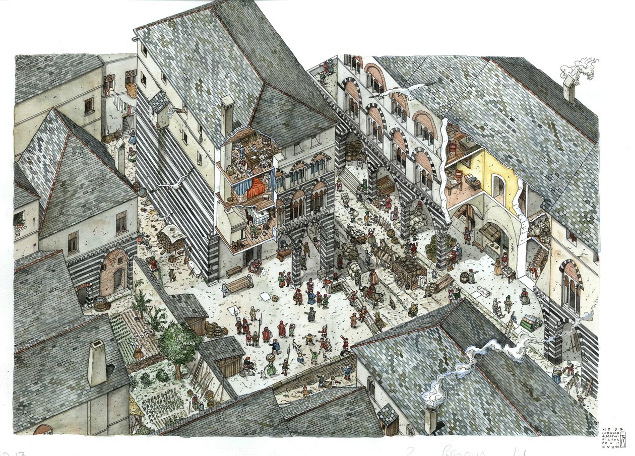 Keskiaika: näkymä Genesin kauppias-aateliston palatsiin (Curia tai curia) 1400-luvulla, katukuvia, Italia Giorgio Albertinin kuvitus. tekijältä Giorgio Albertini