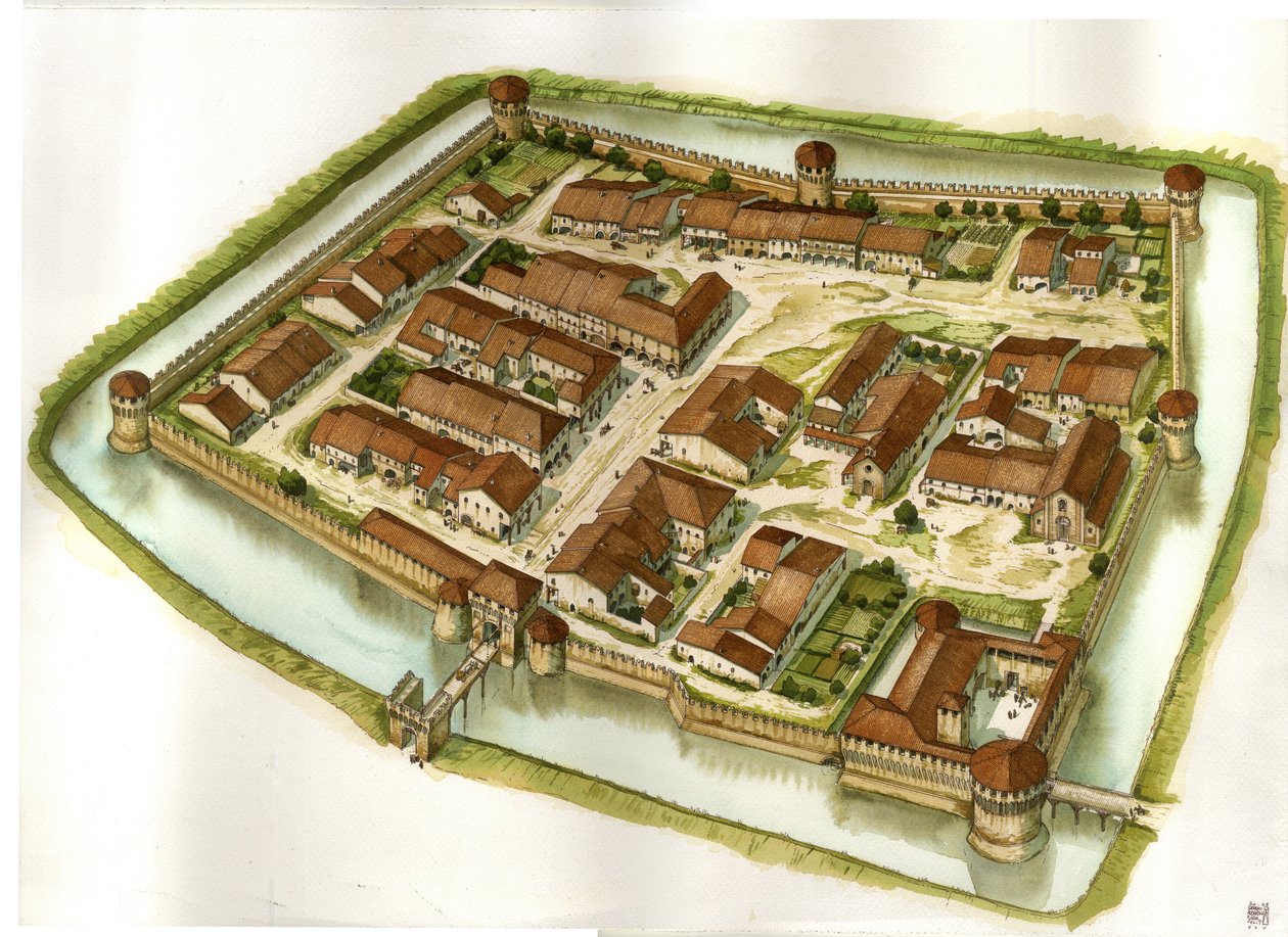 Keskiaika: näkymä Bagnara di Romagnan linnoitetusta kaupungista 1400-luvun lopulla. Italia tekijältä Giorgio Albertini