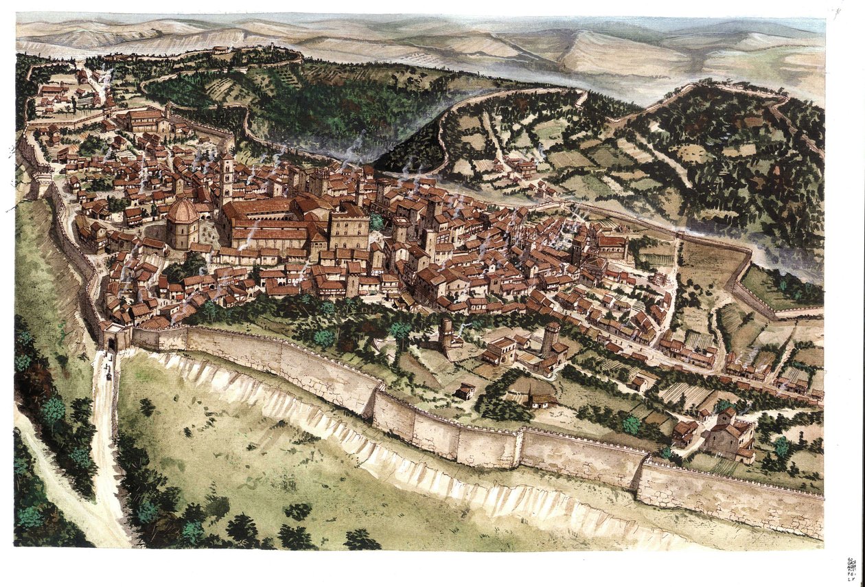 Keskiaika: näkymä Volterran keskiaikaisesta kaupungista, jota ympäröivät muurit 1300-luvulla. Toscana. Italia Kuvitus: Giorgio Albertini. (Tämän tekijän teosten käyttö ei edellytä kolmannen osapuolen lupahakemusta tai t tekijältä Giorgio Albertini
