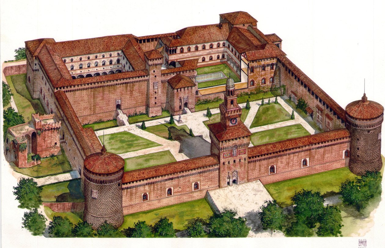 Yleiskatsaus Sforzan linnaan (Castello Sforzesco), jonka herttua Francesco Sforza rakennutti 1400-luvulla Milanossa, Italiassa. tekijältä Giorgio Albertini