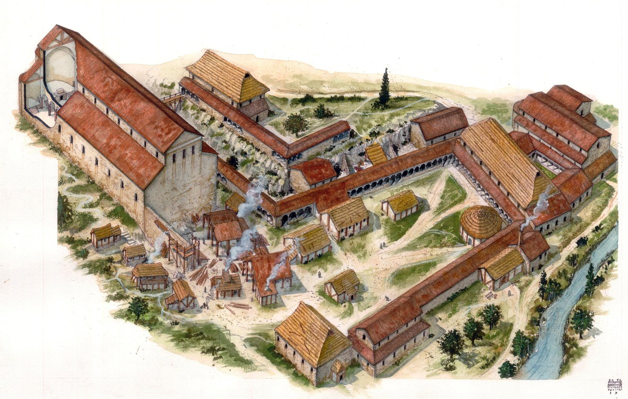 Preromaanista taidetta: ilmakuva Volturnon Pyhän Vincentin (Pyhän Vincentin) siunausluostarista (Abbadia di San Vincenzo al Volturno), joka perustettiin 800-luvulla. Castel san Vincenzo, Italia Kuvitus: Giorgio Albertini. (Tämän tekijän teoksen käyttö tekijältä Giorgio Albertini