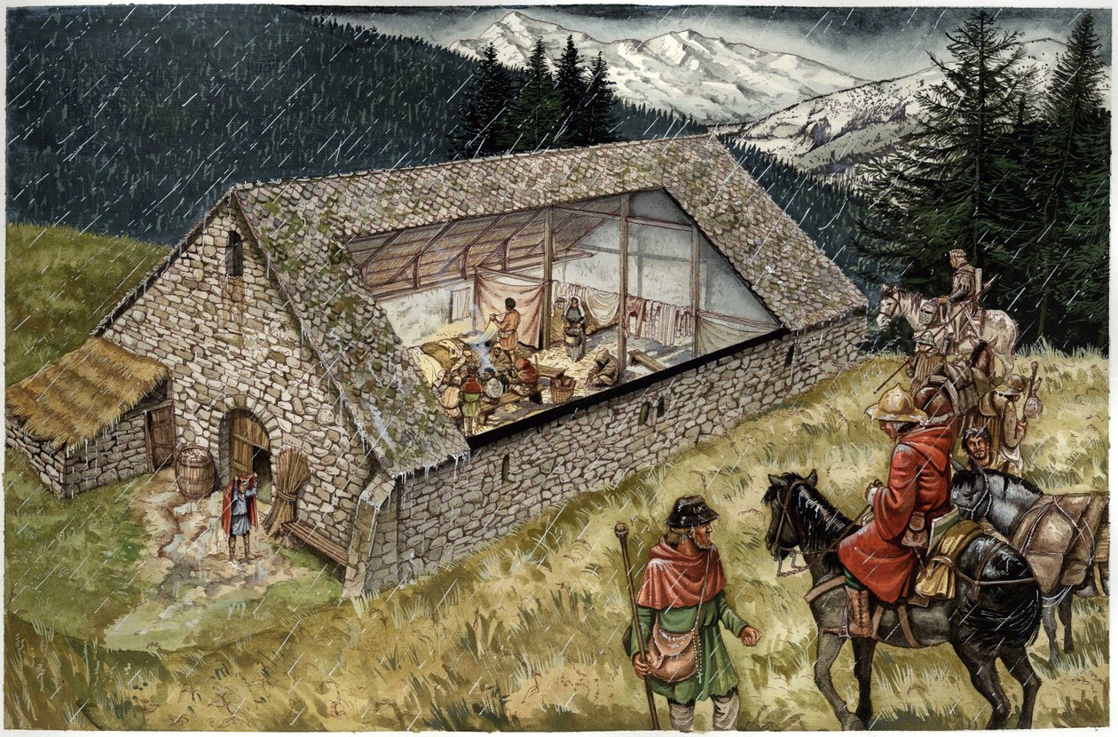 Pelerins-sairaalan (hospice tai turvapaikka) jälleenrakennus Moncenisiossa (Montcenis) Alpeilla, Italiassa. tekijältä Giorgio Albertini