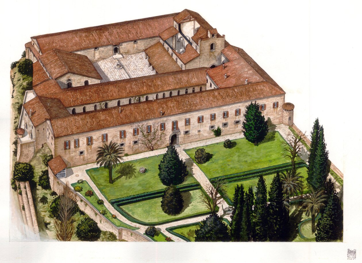 Vuonna 1173 rakennetun Nelsonin linnan (Ducea Nelson) rekonstruktio, jonka Sisilian Ferdinand III tarjosi amiraali Horatio Nelsonille vuonna 1799 Brontessa lähellä Cataniaa Sisiliassa, Italiassa Kuvittanut Giorgio Albertini. (Tämän tekijän teosten käyttö e tekijältä Giorgio Albertini