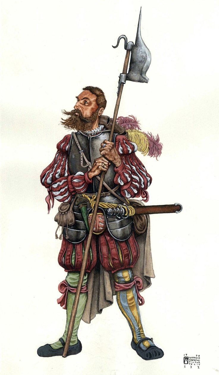 Lansquenetin (Lanzknecht), saksalaisen palkkasoturin, kuvaus herran palveluksessa. 1500-luku tekijältä Giorgio Albertini