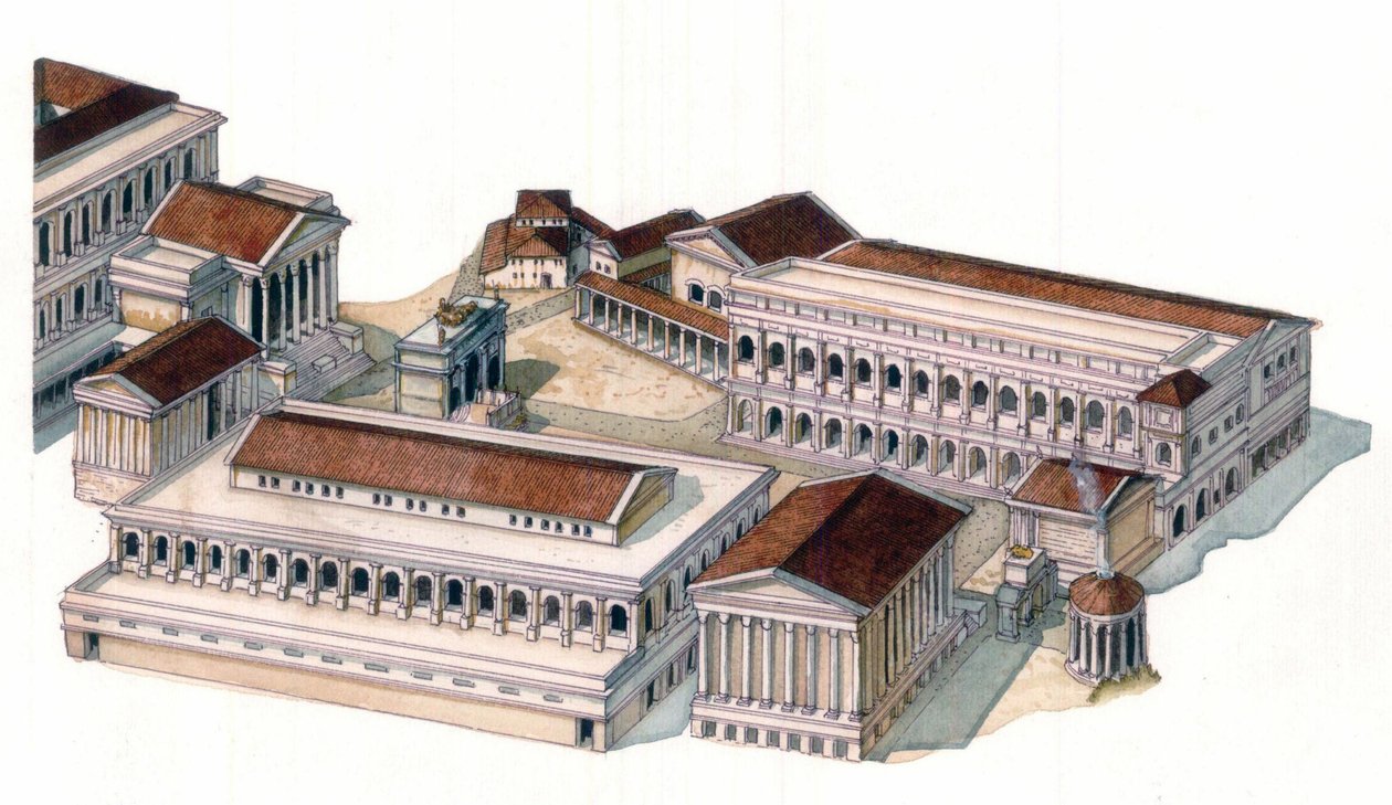 Roman antiquite: roomalaisen foorumin (foro romano) uudelleenrakentaminen keisari Augustuksen (Caius Julius Caesar Octavianus Augustus) aikana (63 eKr.-14 jKr.). tekijältä Giorgio Albertini