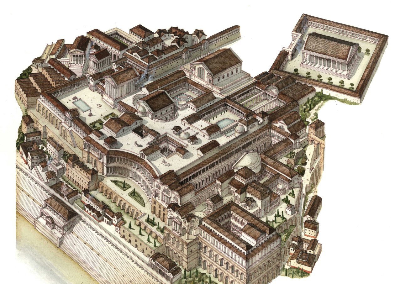 Roomalainen antiikki: Palatiinivuoren (Glue Palatino) jälleenrakennus 4. vuosisadalla, peräkkäiset keisarit (Augustus, Nero, Severe Septime) rakensivat palatsinsa. Rooma Italia tekijältä Giorgio Albertini